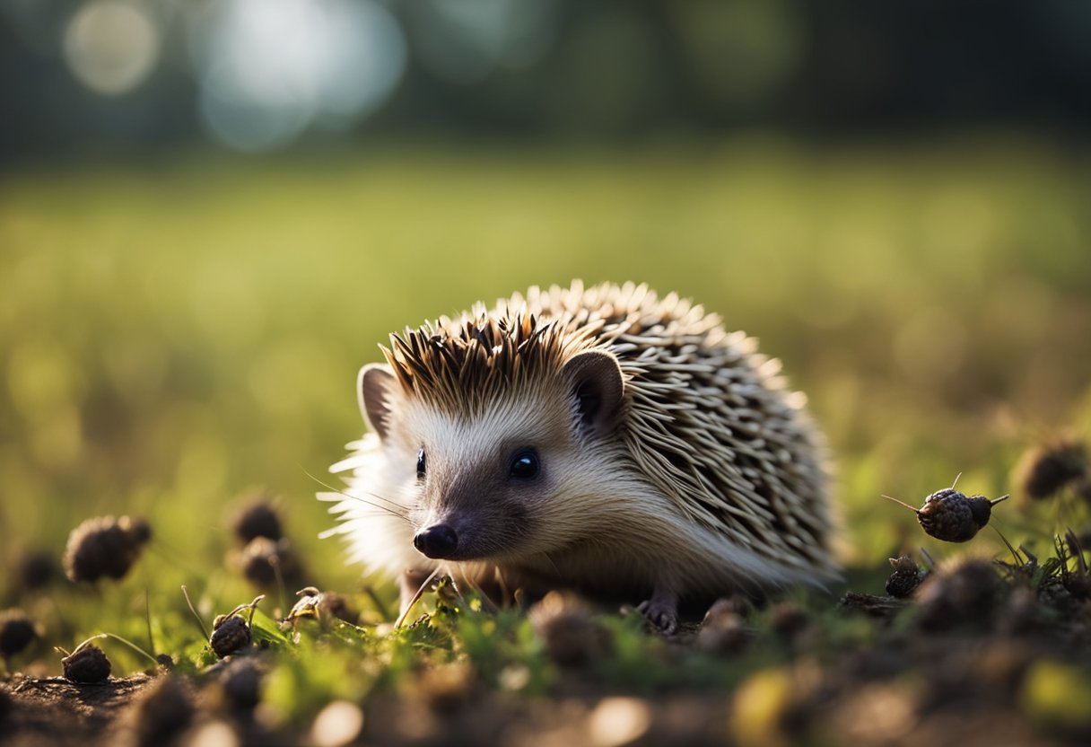 A hedgehog surrounded by crickets, some in its mouth, others nearby