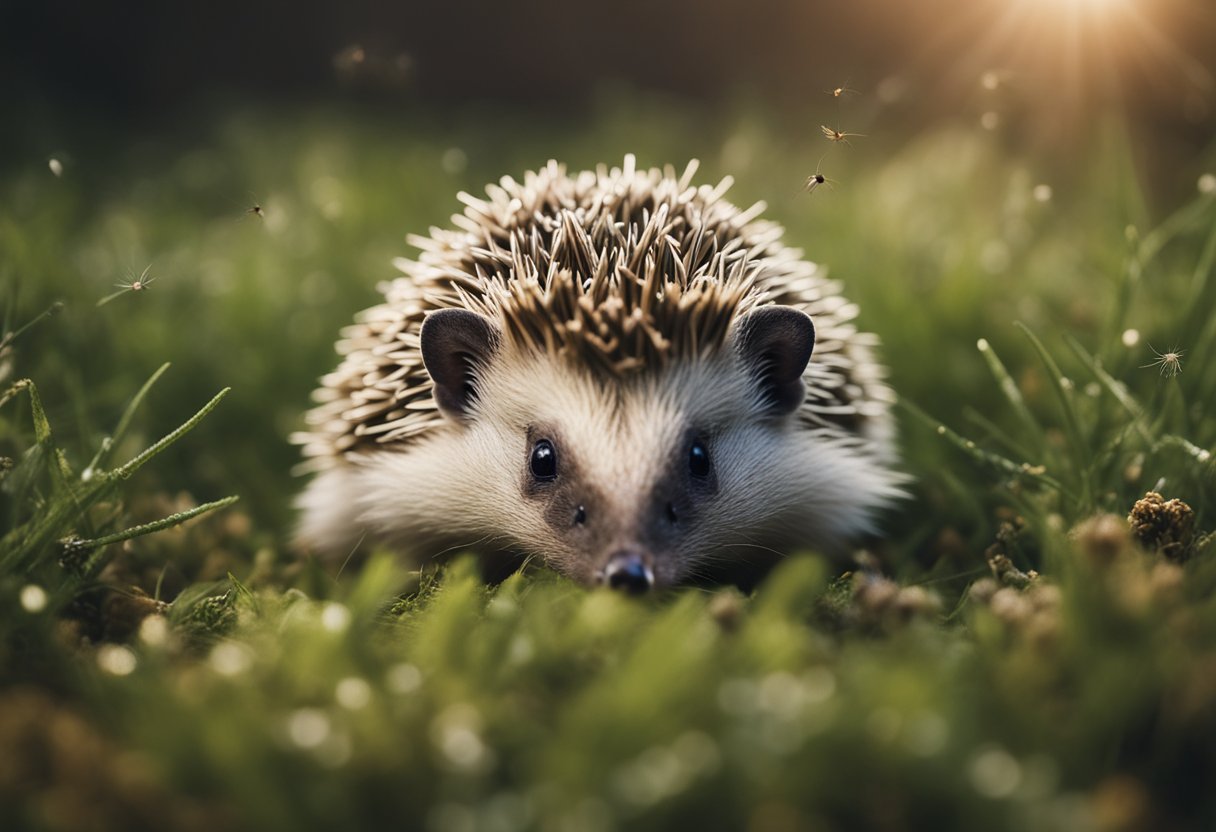 A hedgehog surrounded by crickets, looking at them curiously