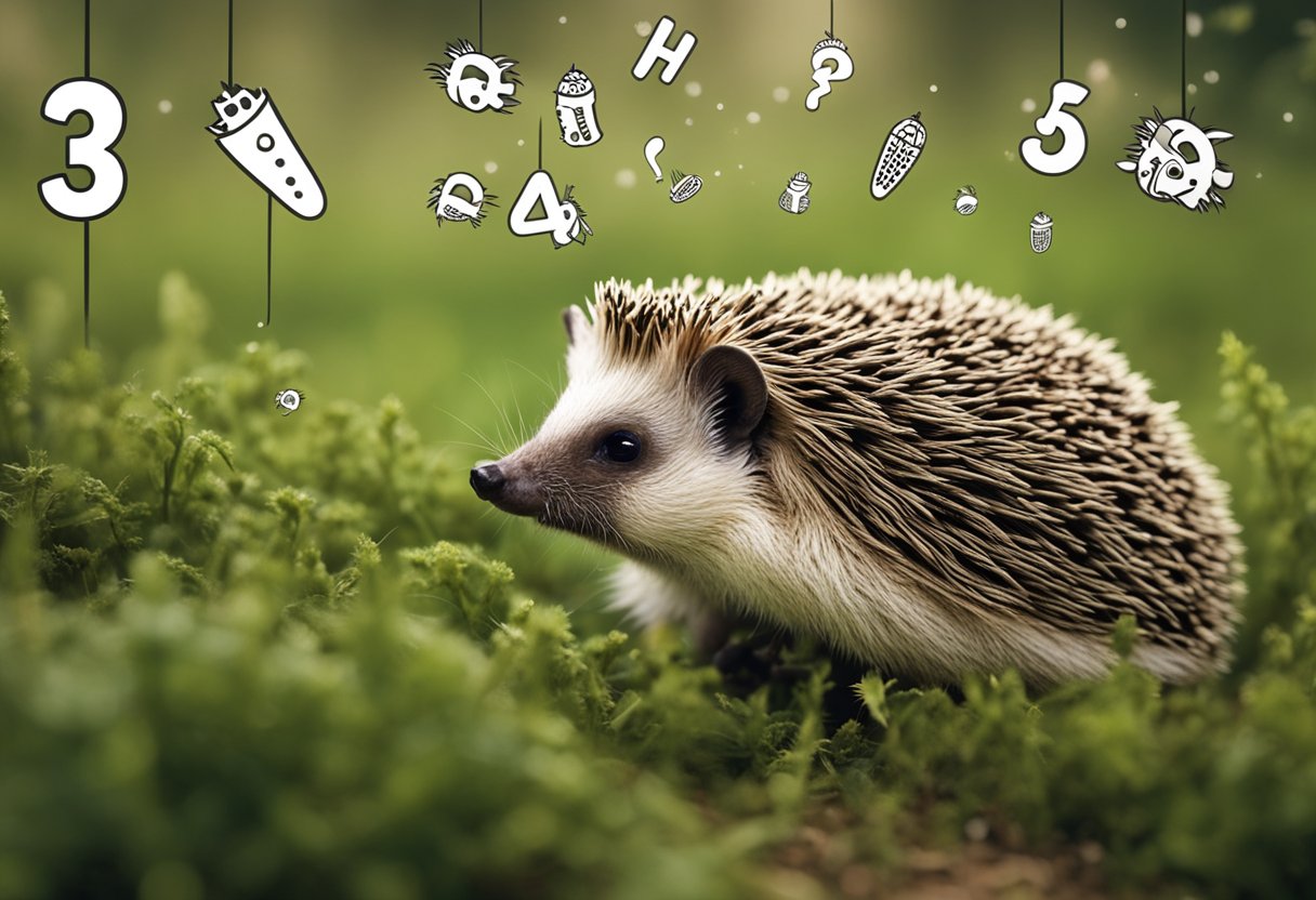 A hedgehog surrounded by crickets, with a curious expression and a thought bubble with question marks