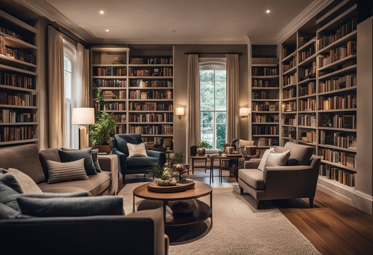 A cozy living room with floor-to-ceiling bookshelves, filled with books and decorative items. A comfortable sofa and armchairs are arranged around a coffee table, with soft lighting and a cozy rug completing the scene
