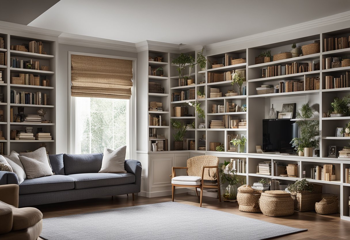 A cozy living room with a well-organized bookshelf, featuring a mix of books, decorative items, and personal touches. The shelves are neatly arranged with a variety of heights and textures, creating a visually appealing display