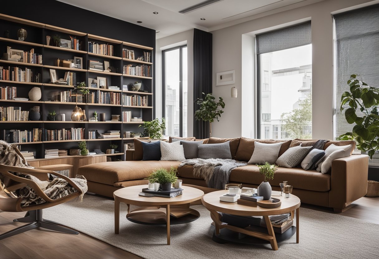 A cozy living room with modern bookshelves, filled with neatly organized books and decorative items. A comfortable seating area with plush sofas and a coffee table