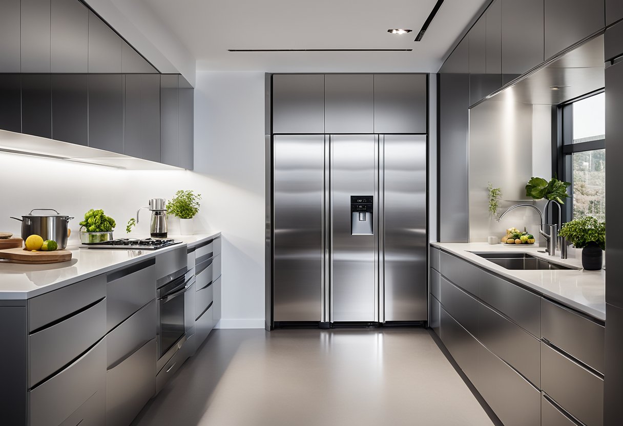 A sleek, modern kitchen with aluminum cabinets, clean lines, and minimalist design. Shiny surfaces reflect the light, creating a bright and contemporary space