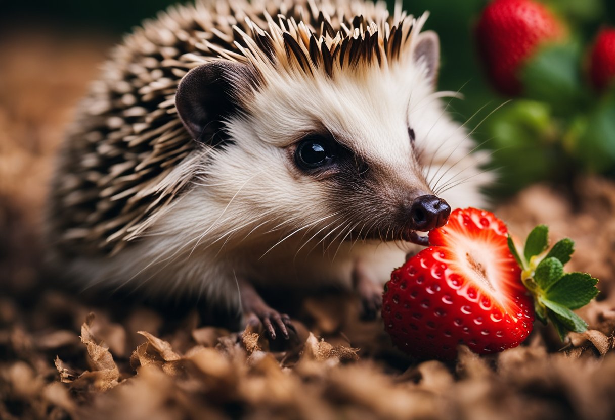 A hedgehog munches on a juicy strawberry, its tiny paws holding the fruit as it takes a bite