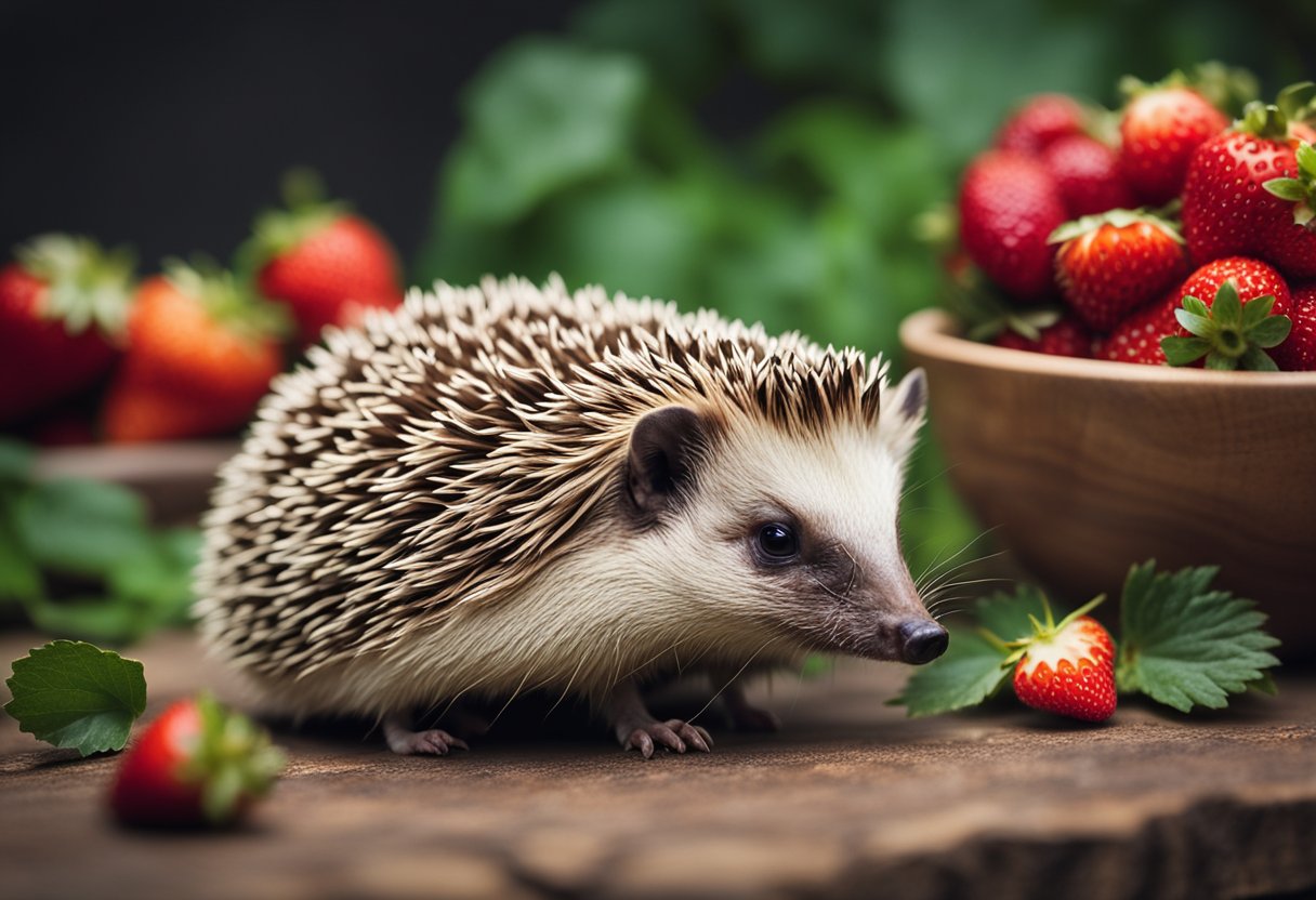 A hedgehog munches on a juicy strawberry, showing the nutritional benefits for its health