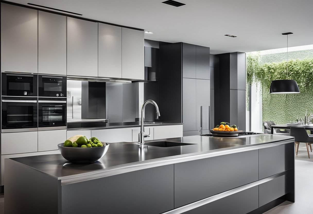 A modern kitchen with sleek aluminium cabinets, integrated handles, and minimalist design. Bright lighting highlights the reflective surfaces