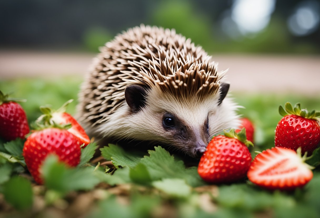 A hedgehog cautiously approaches a pile of strawberries, sniffing and nibbling on one to test its taste and safety