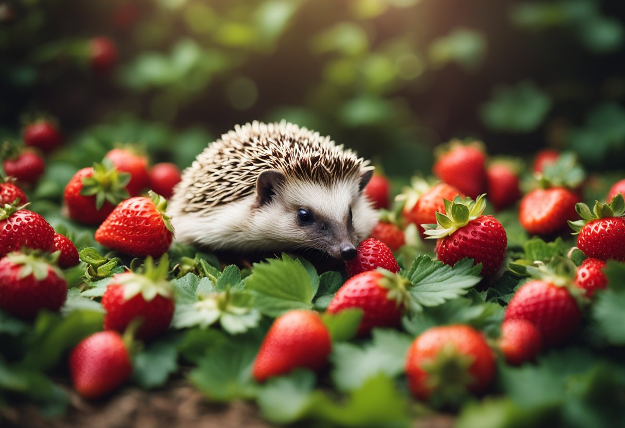 A hedgehog surrounded by strawberries, sniffing and nibbling on one