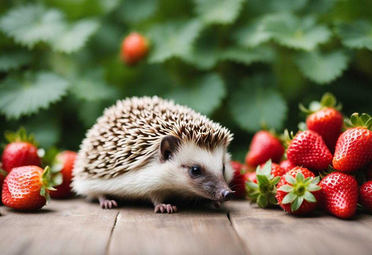 A hedgehog surrounded by fresh strawberries, sniffing and nibbling on one