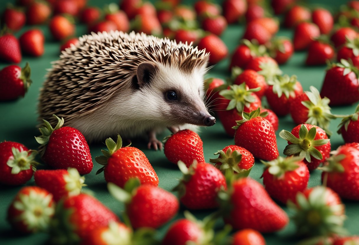 A hedgehog sits in front of a pile of strawberries, looking curious. The question "Can hedgehogs eat strawberries?" hovers above in bold letters