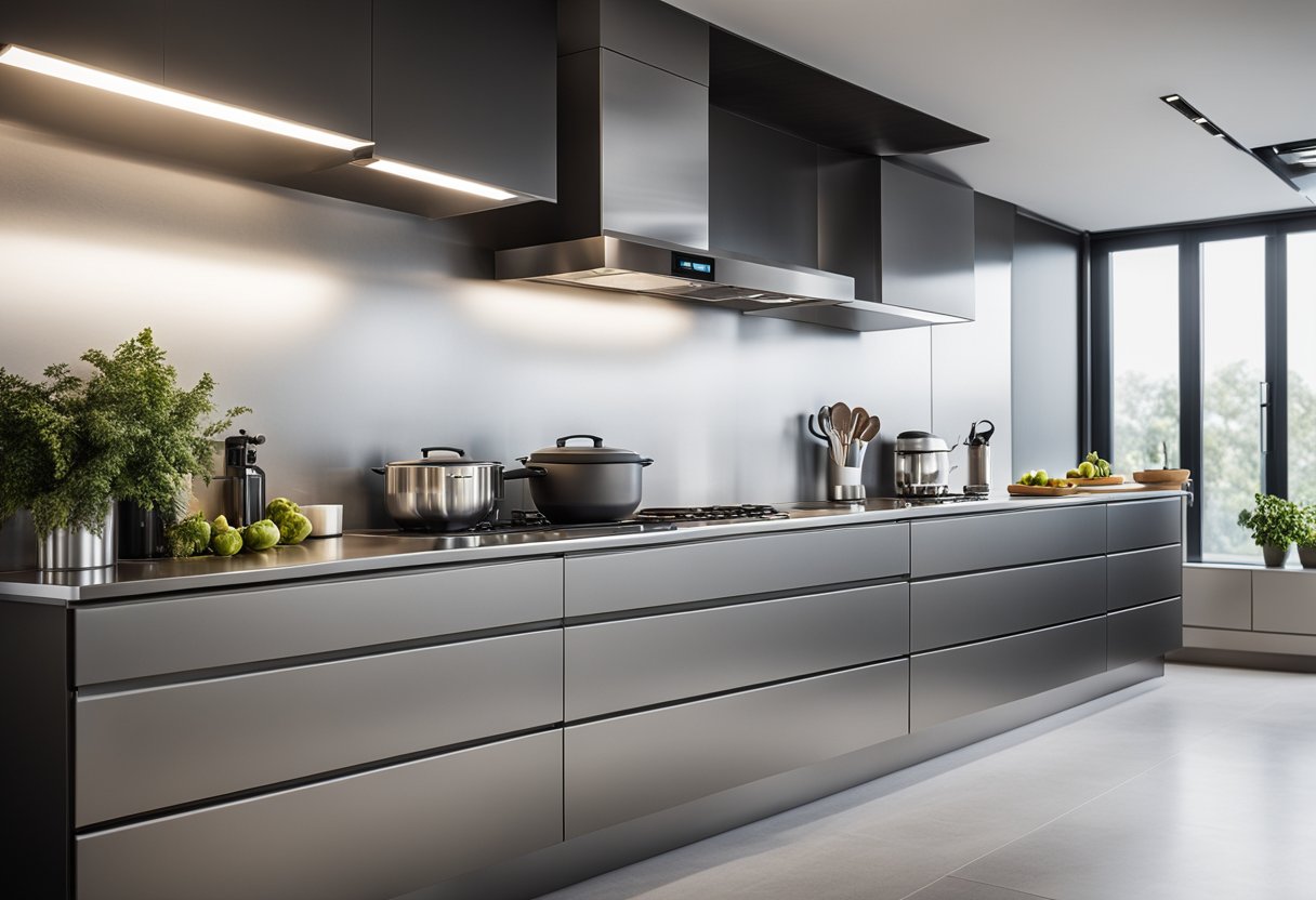 A modern kitchen with sleek aluminium cabinets, featuring efficient storage and stylish design