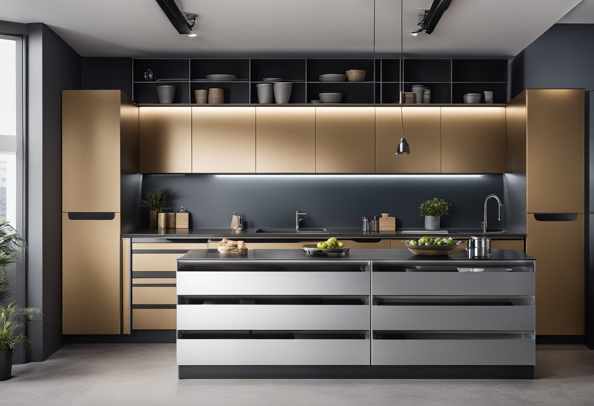 A sleek aluminium kitchen cabinet with modern design, featuring clean lines and integrated handles. Shelves and drawers are neatly organized, with a minimalist aesthetic