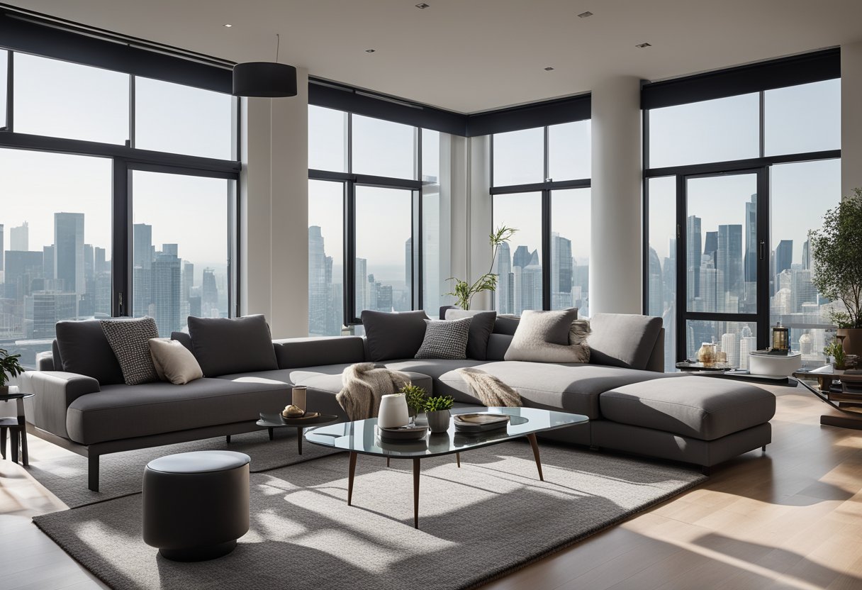 A cozy, modern duplex living room with a large L-shaped sofa, a sleek coffee table, and floor-to-ceiling windows offering a stunning city view