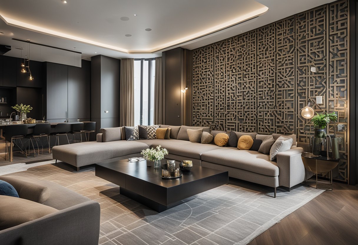 A modern living room with a sleek feature wall in Singapore, showcasing geometric patterns and muted colors