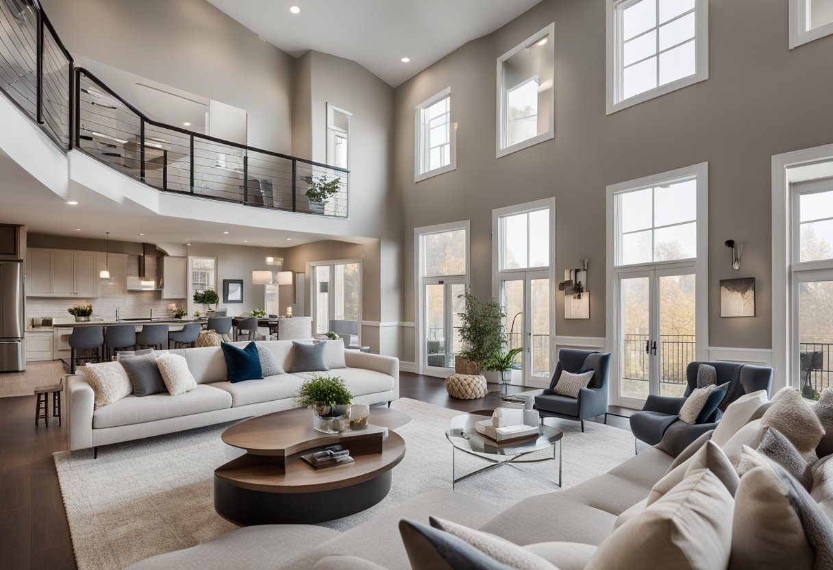A spacious duplex living room with modern furniture, large windows, and a cozy fireplace. Neutral color palette with pops of vibrant accents. Open floor plan with a stylish staircase leading to the upper level