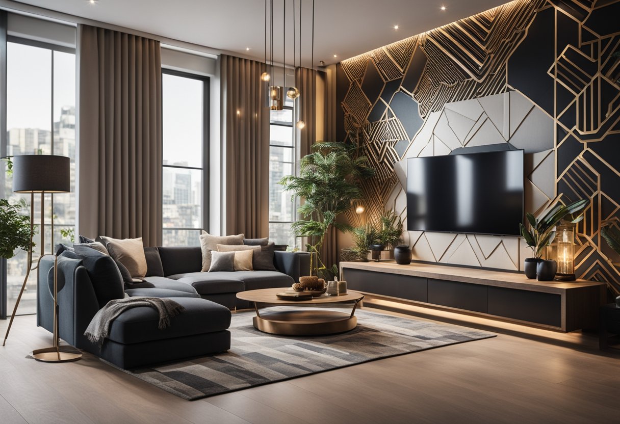 A modern living room with a sleek feature wall, adorned with geometric patterns and a mix of textures, accented by warm lighting