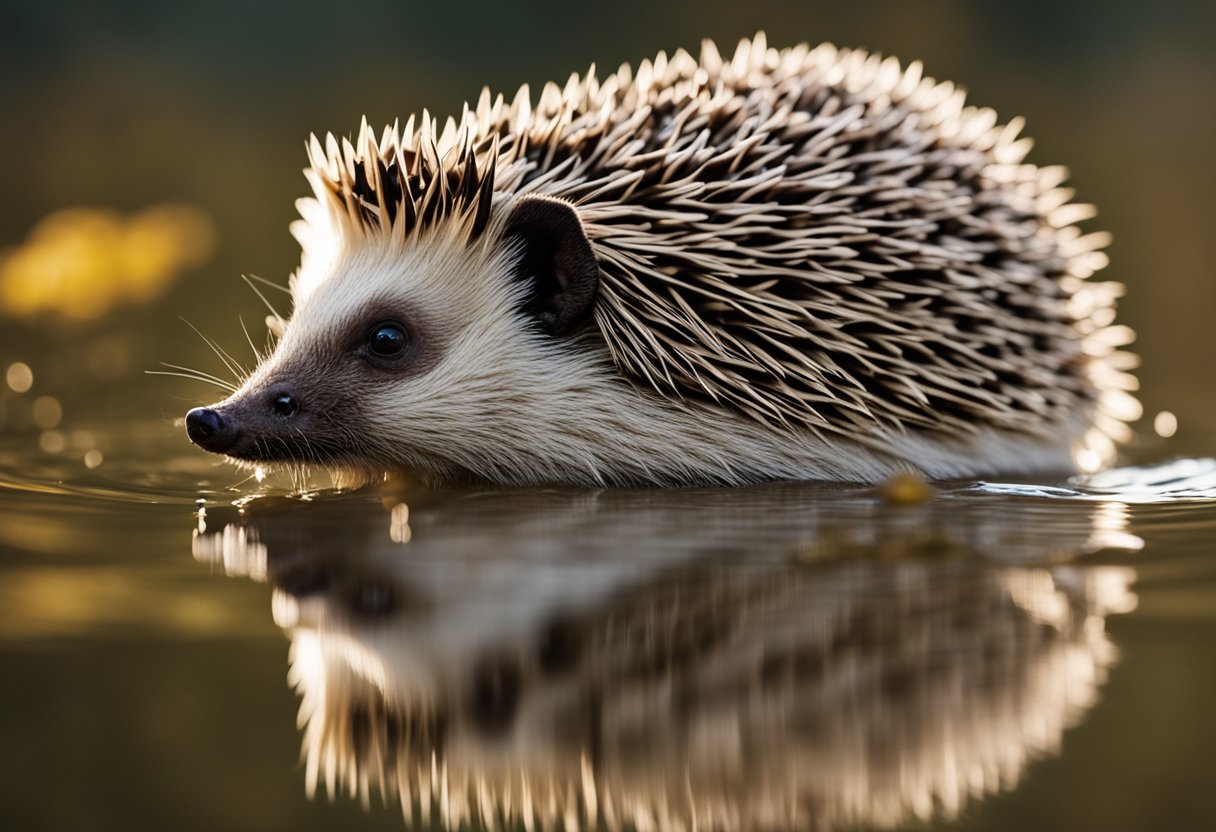 A hedgehog paddles through calm water, its spiky back floating on the surface as it moves effortlessly through the water