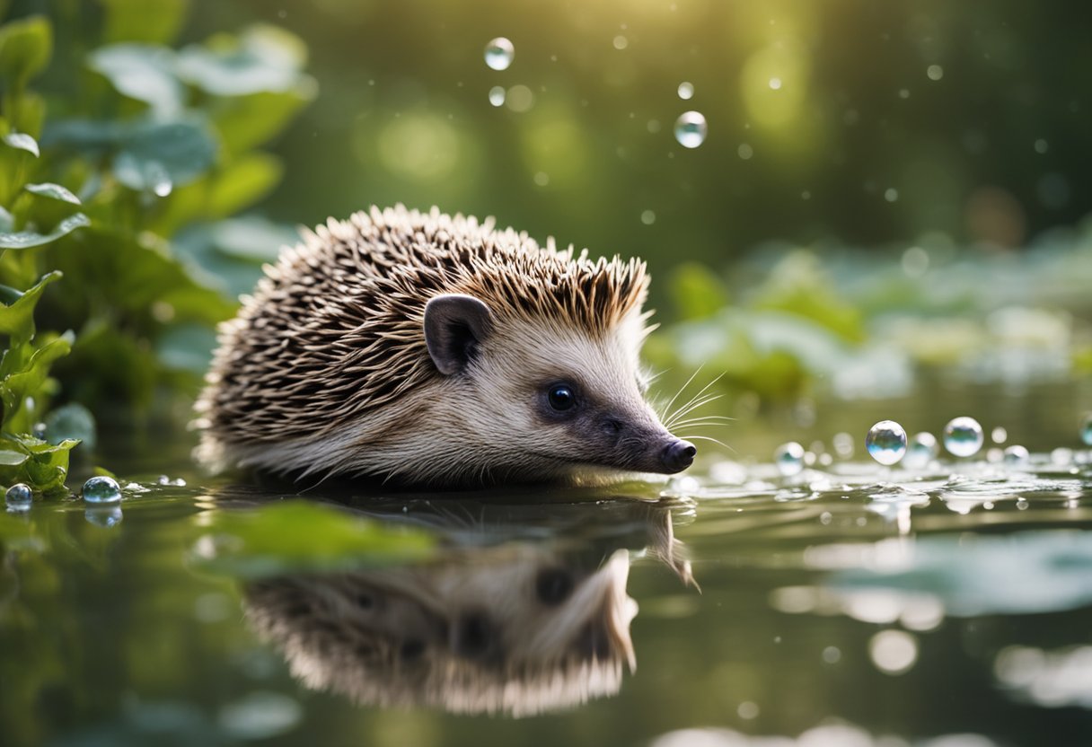A hedgehog floats in a shallow pond, paddling its tiny feet to stay afloat. Its spiky back glistens with water droplets as it navigates the calm surface