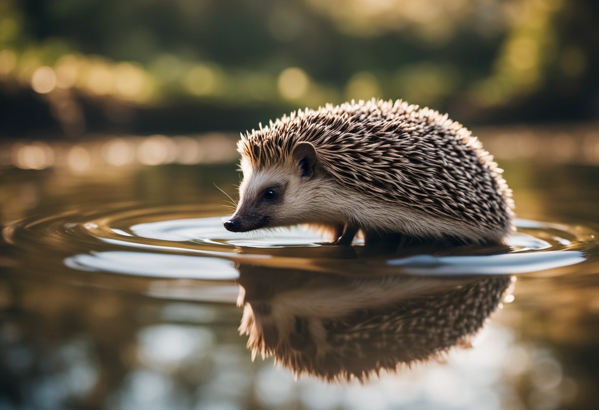 A hedgehog floating in a shallow pool, paddling its tiny feet while looking curious but content