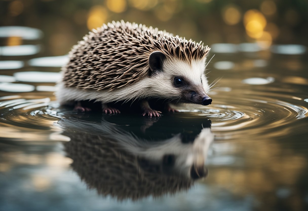 A hedgehog floats in water, surrounded by question marks and books about hedgehogs and swimming