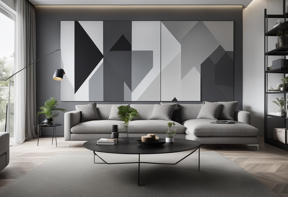 A sleek, modern living room with a bold, geometric feature wall in shades of grey and white. The wall is adorned with minimalist artwork and shelves displaying stylish decor