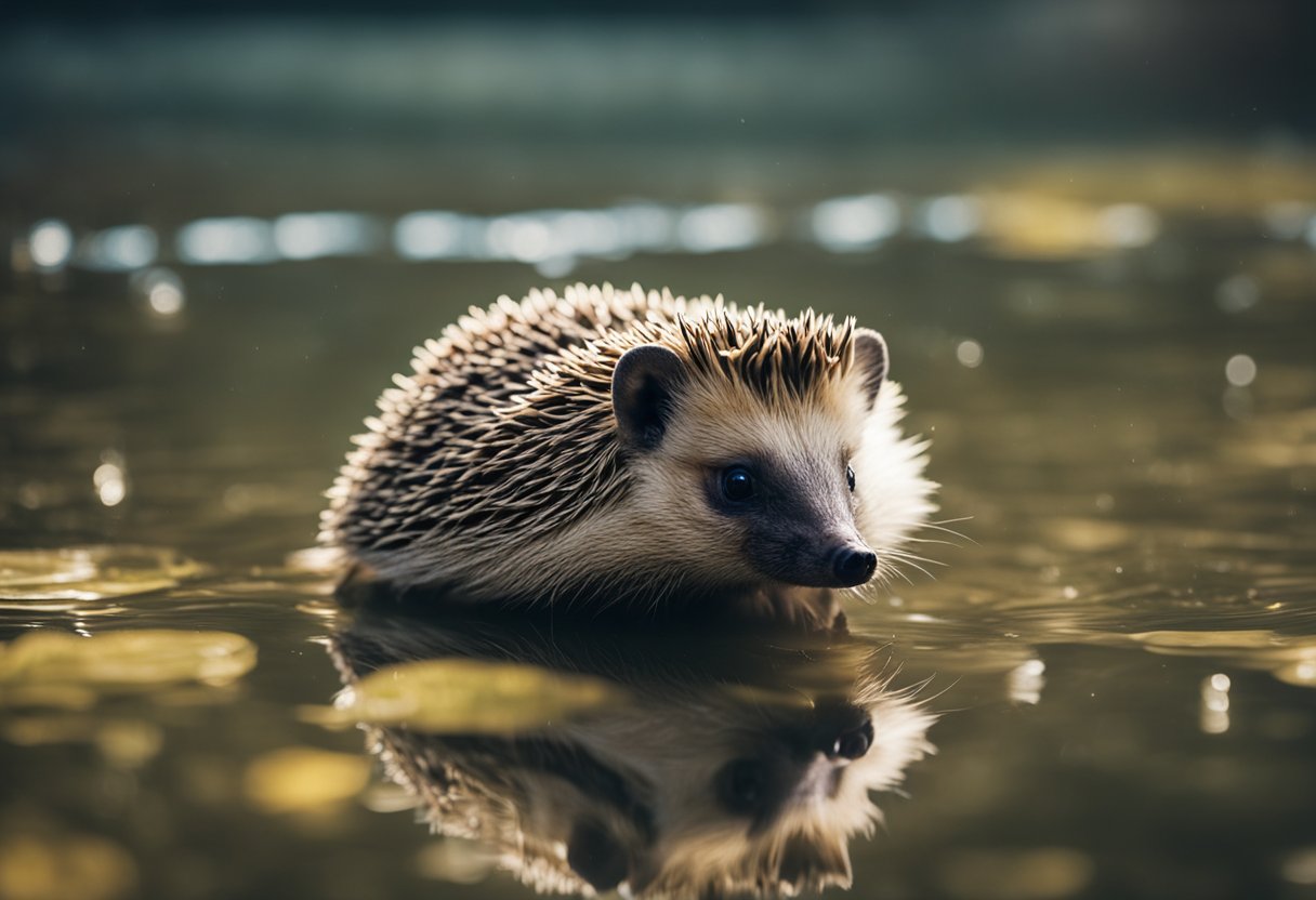 A hedgehog paddles in a shallow pool, its spines buoyant on the water's surface