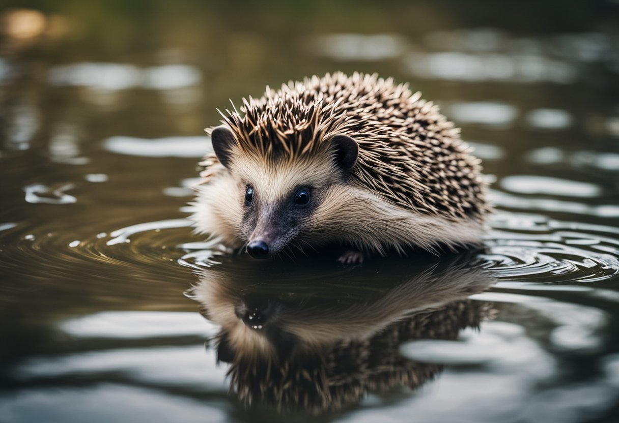 A hedgehog floats in a shallow pool, paddling its tiny feet as it swims gracefully. The water ripples around its spiky body, and its curious eyes peek out from above the surface