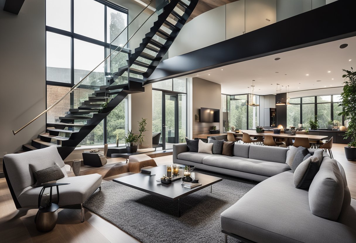 The living room features a modern fireplace, floor-to-ceiling windows, and a sleek staircase. The space is filled with contemporary furniture and artistic decorations