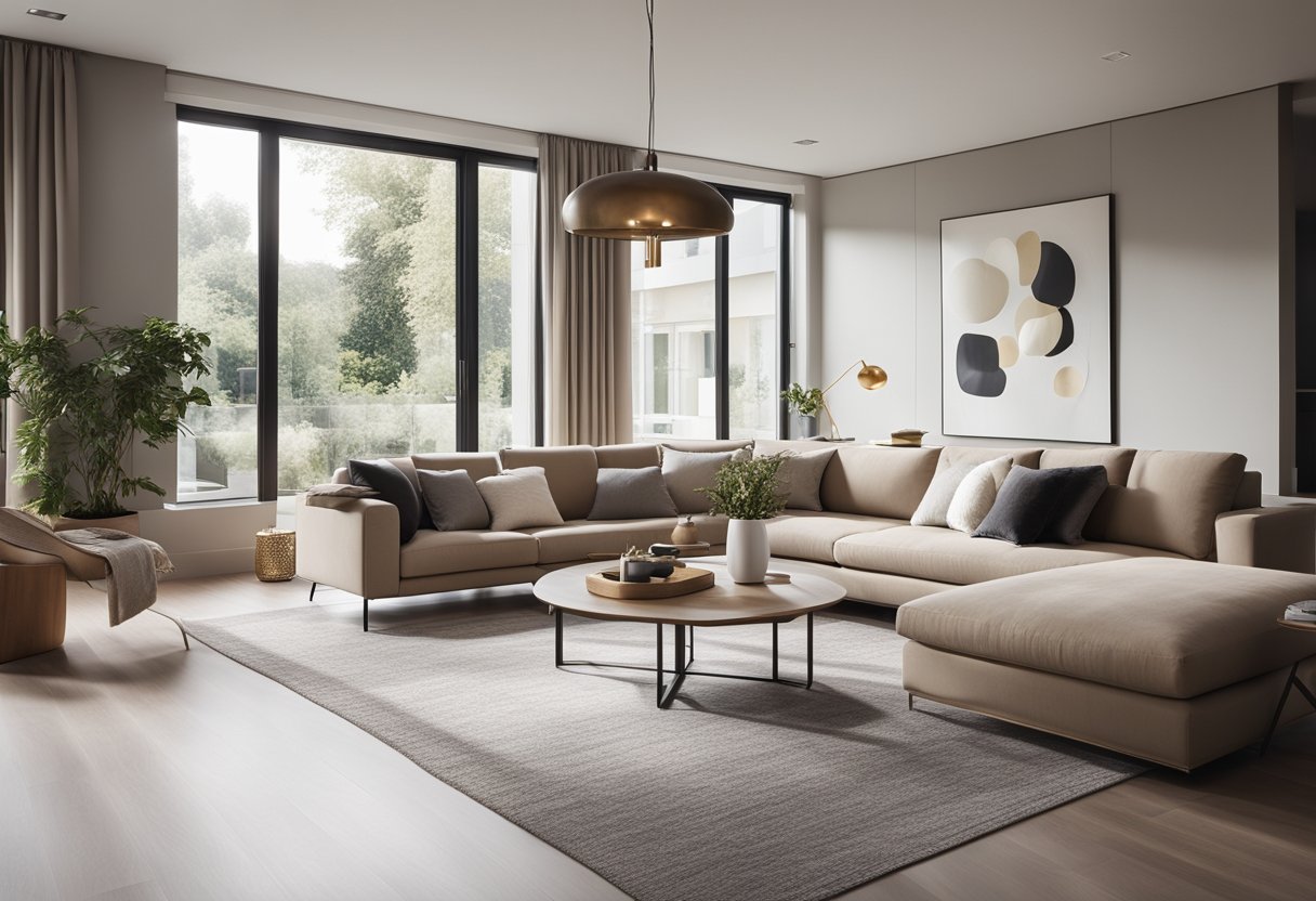 A spacious, modern living room with a sleek, open-concept design. Minimalist furniture, neutral color palette, and ample natural light from large windows
