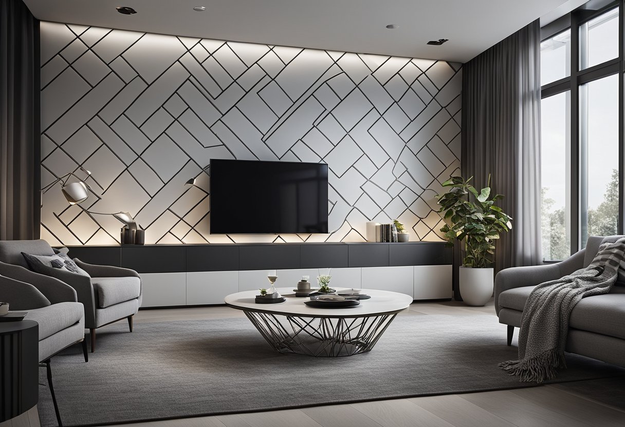 A modern living room with a sleek feature wall showcasing a geometric pattern in shades of gray and white. The wall is illuminated with recessed lighting, creating a contemporary and stylish ambiance