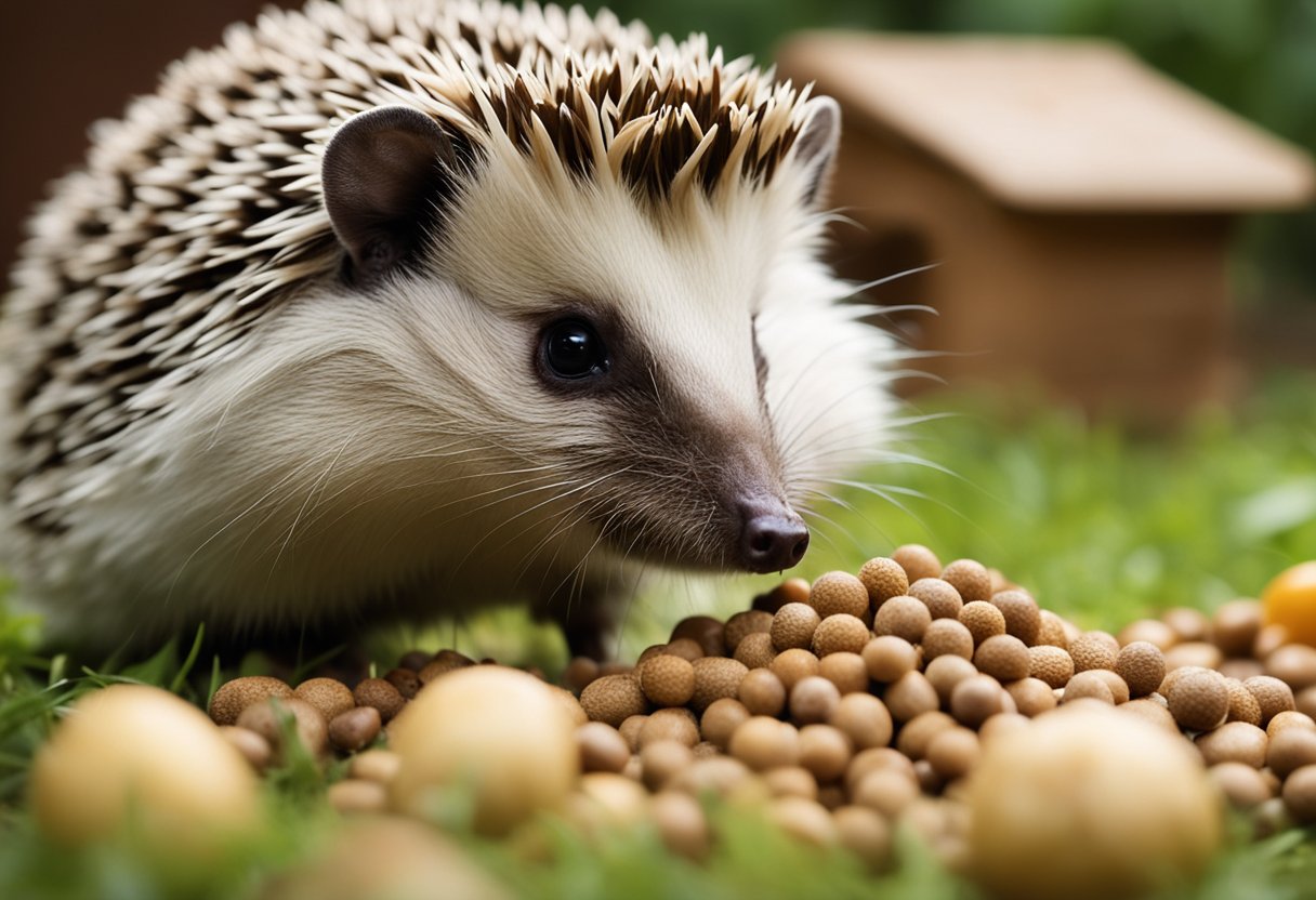A hedgehog investigates a pile of guinea pig food, sniffing and nibbling cautiously