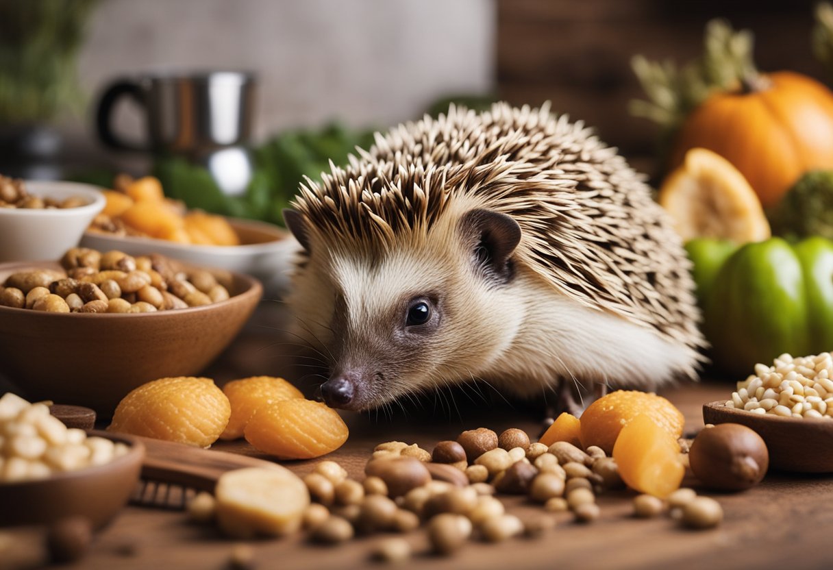 A hedgehog is surrounded by various food options, including guinea pig food. The hedgehog is sniffing and inspecting the different options with curiosity