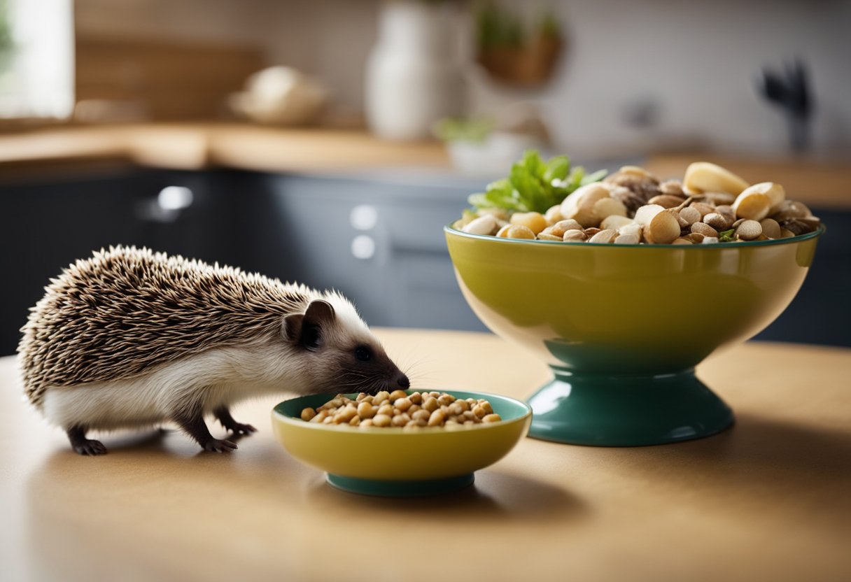 A hedgehog cautiously sniffs at a bowl of guinea pig food, while a concerned guinea pig watches from a distance. The hedgehog hesitates, unsure if it should eat the food