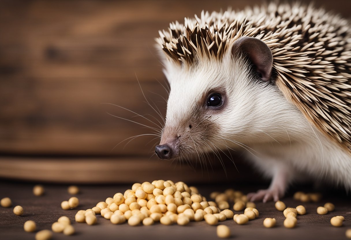 A hedgehog sniffs at a bowl of guinea pig food, surrounded by scattered pellets and a bag labeled "guinea pig food."