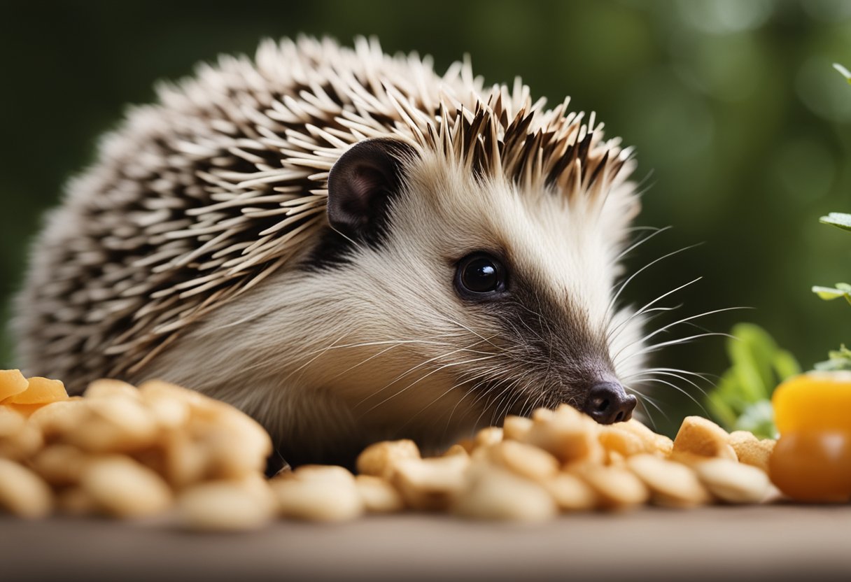 A hedgehog sniffs at a pile of guinea pig food, looking curious but hesitant