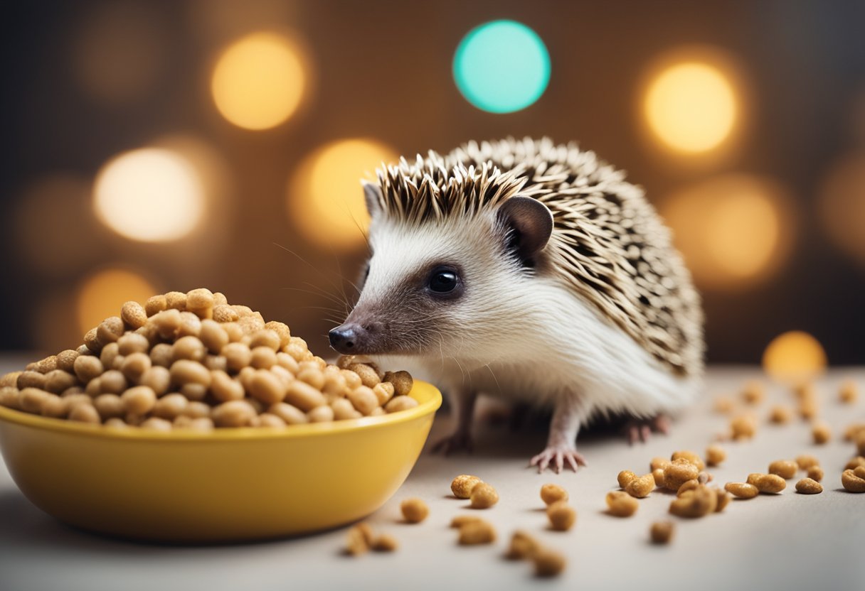 A hedgehog is eating guinea pig food, surrounded by question marks and a FAQ sign