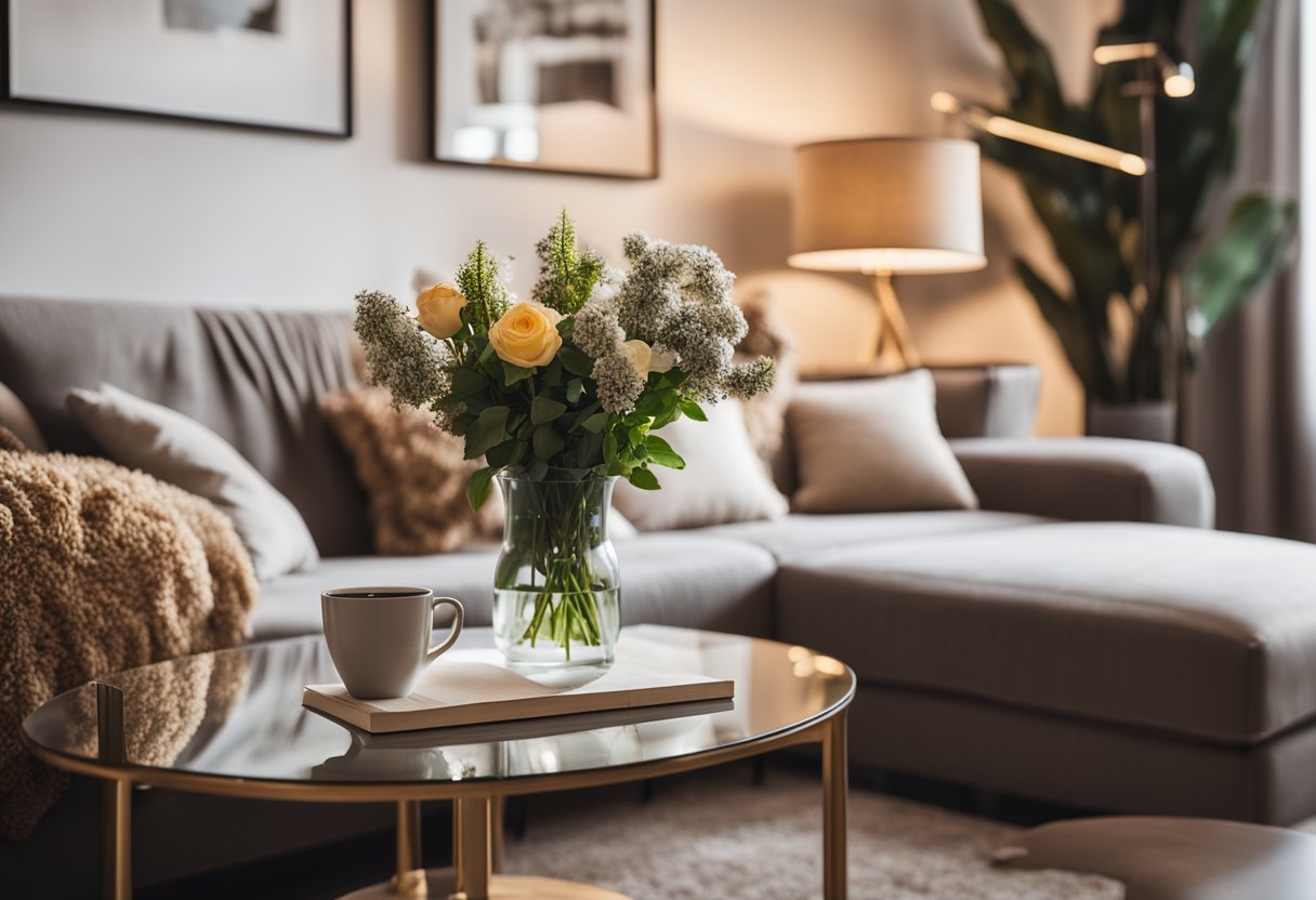 A cozy living room with a large, plush sofa, a coffee table with books and a vase of flowers, and soft, warm lighting from a floor lamp