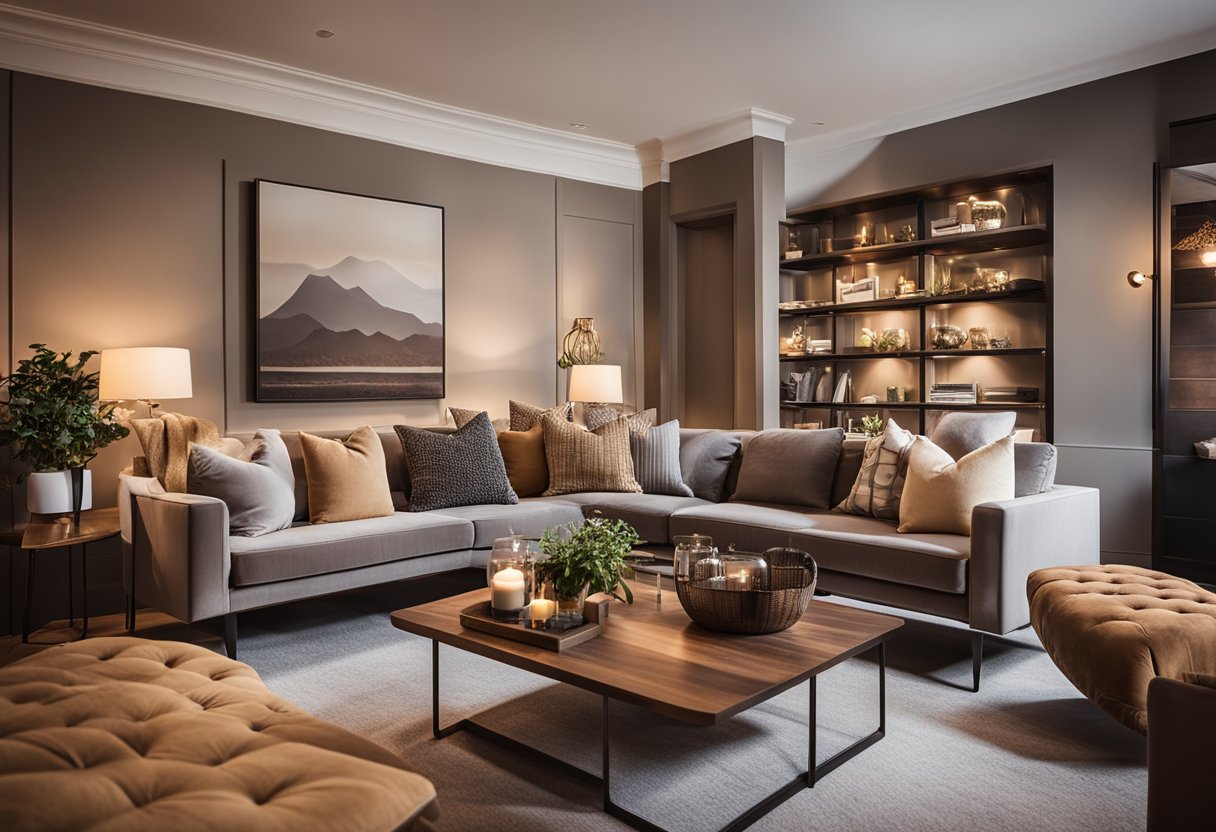 A cozy living room with a large, comfortable sofa facing a fireplace. A coffee table sits in the center, surrounded by plush armchairs. Soft lighting and a warm color scheme create a welcoming atmosphere