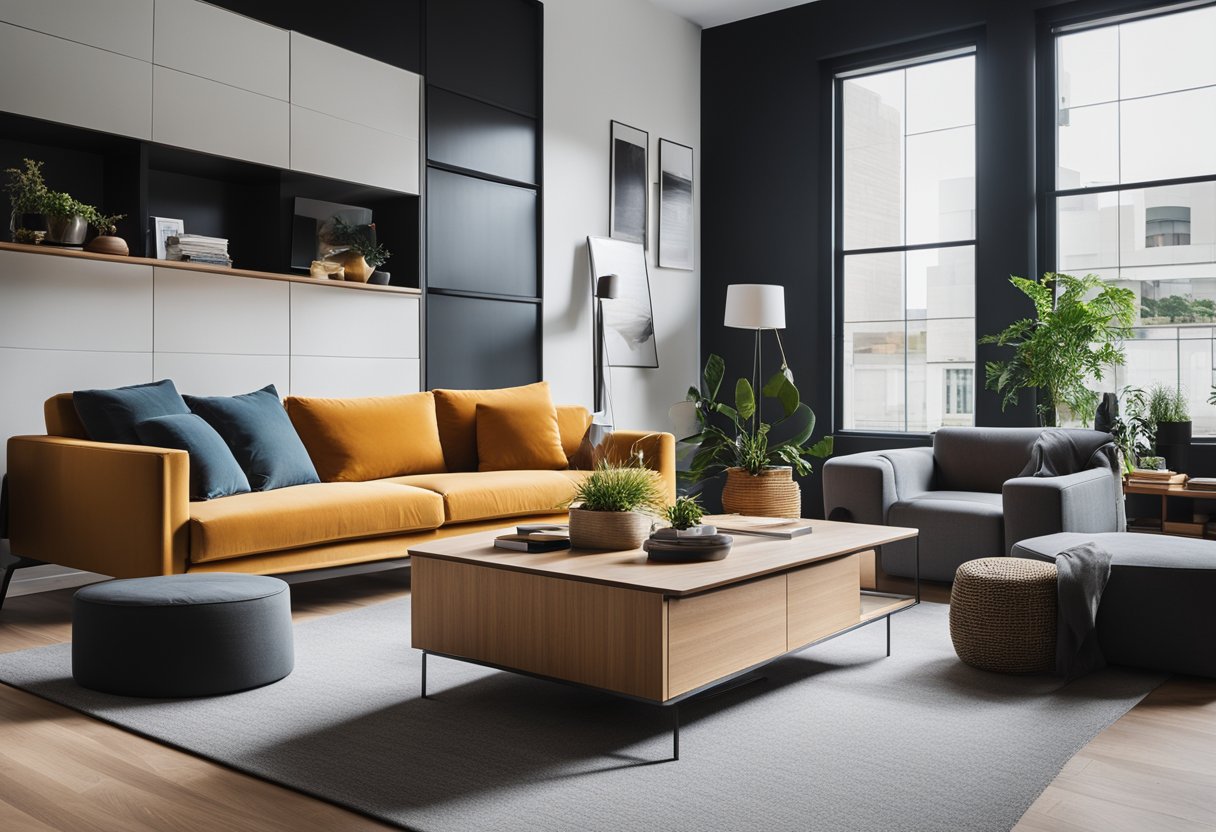 A modern, minimalist living room with sleek furniture, bold colors, and functional storage solutions