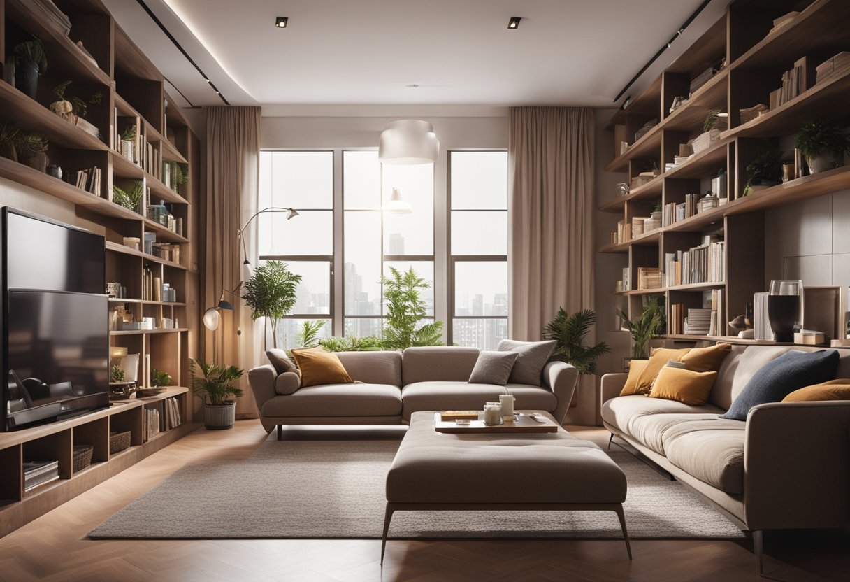 A cozy living room with modern furniture, soft lighting, and a large bookshelf. A comfortable lounge area with plush pillows and a warm color scheme