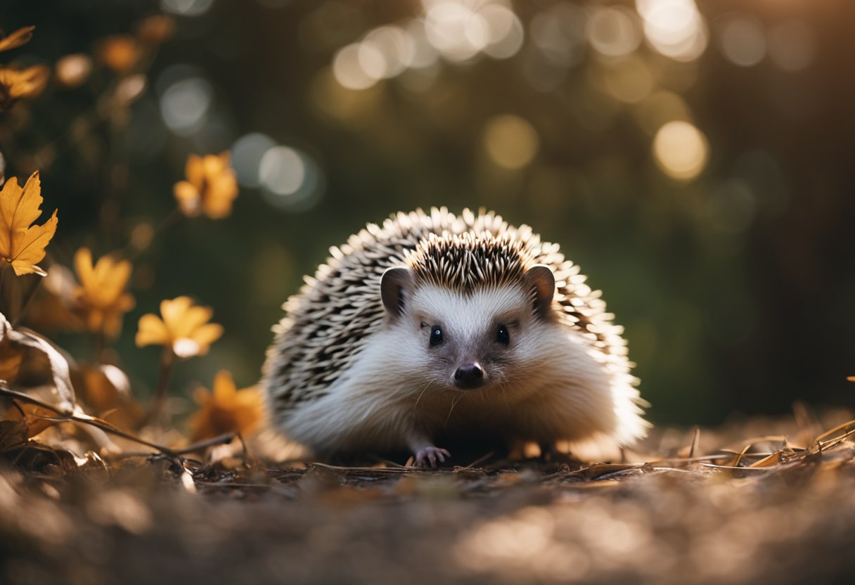 A hedgehog sits in a cozy enclosure, eyeing a small exercise wheel with curiosity