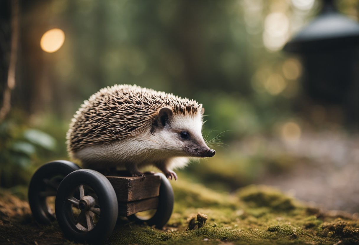 A hedgehog running on a wheel inside a cozy, well-lit habitat