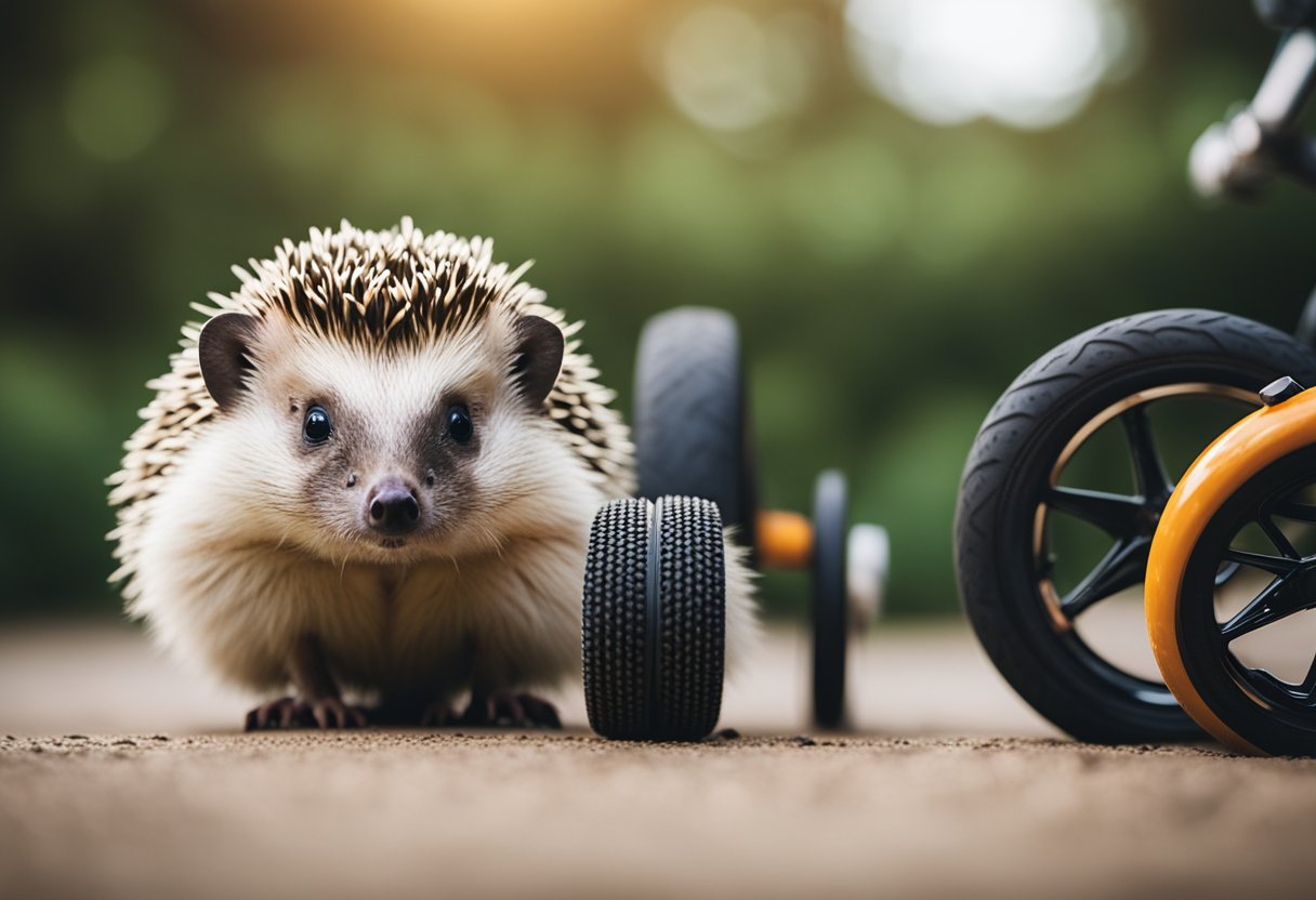 A hedgehog stands near two wheels, one small and one large, contemplating which is best for exercise