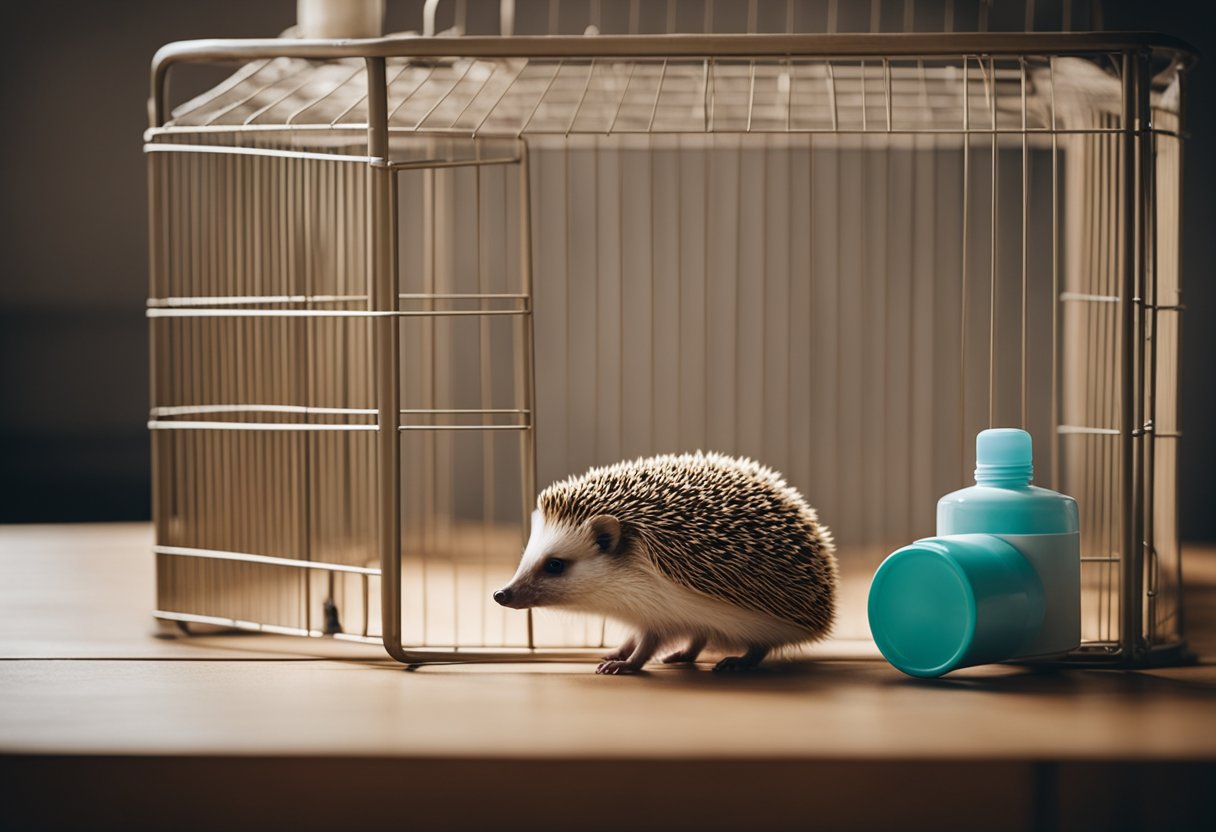 A hedgehog running on a wheel inside a cozy cage with bedding and a water bottle nearby