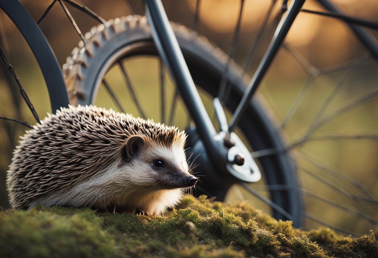 A hedgehog sits next to a wheel, looking curious