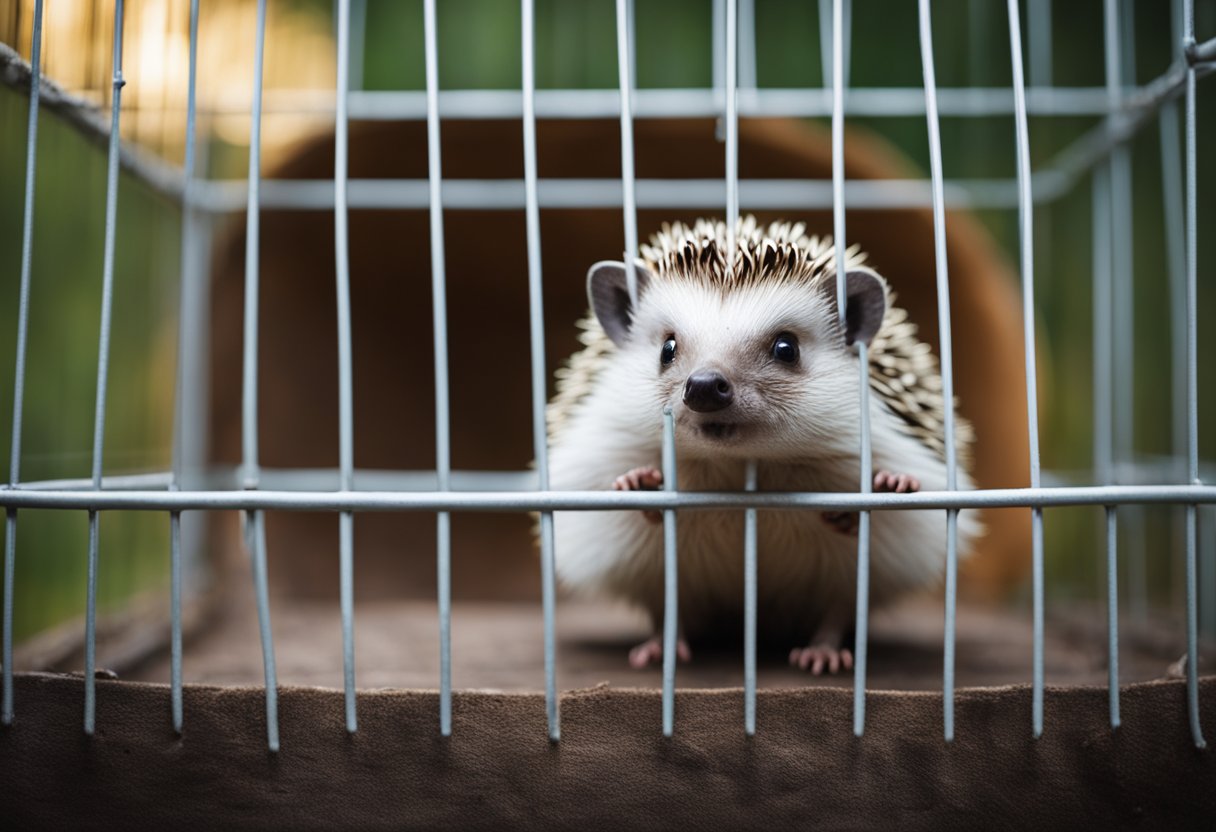 A hedgehog running on a wheel in a cozy cage, with a curious expression on its face