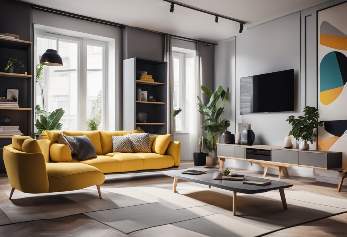 A modern living room with a sleek pop design. Bright colors, geometric shapes, and minimalistic furniture create a vibrant and stylish atmosphere