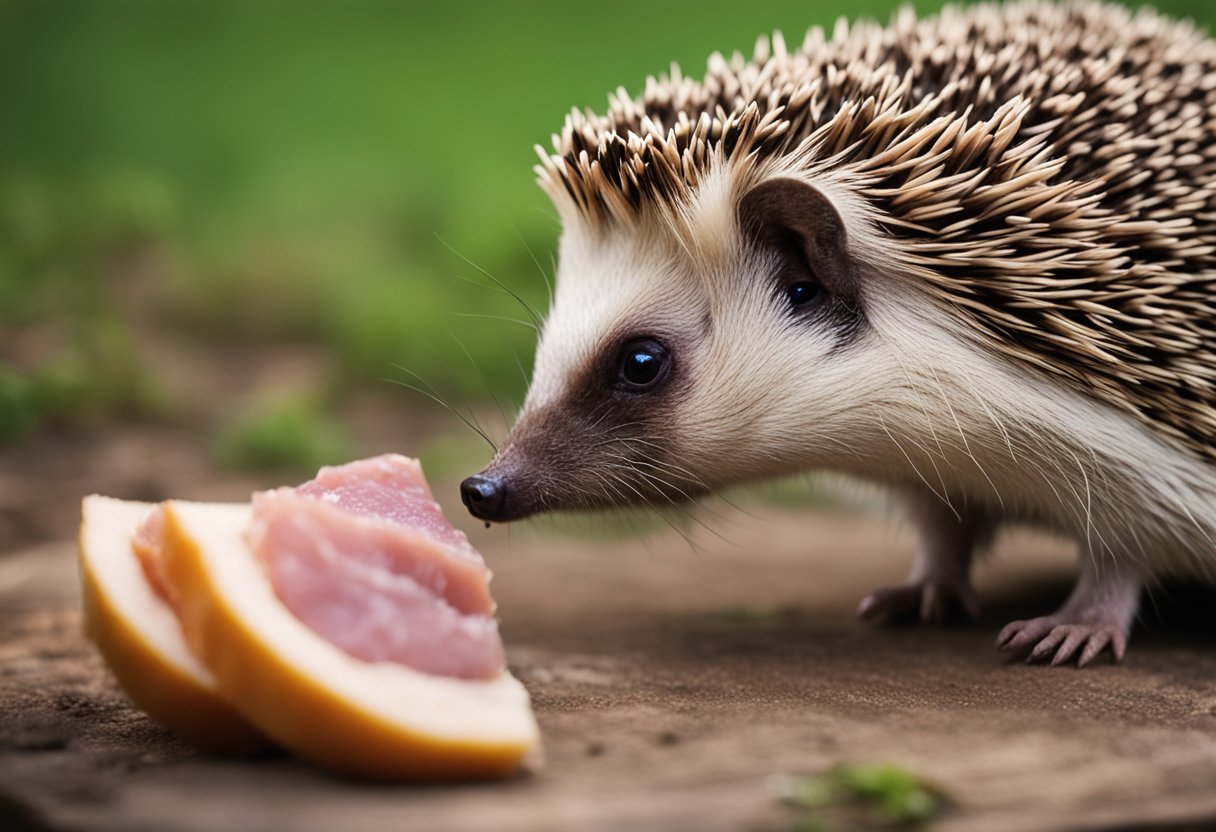 A hedgehog is munching on a piece of ham, its tiny paws holding the meat as it chews happily