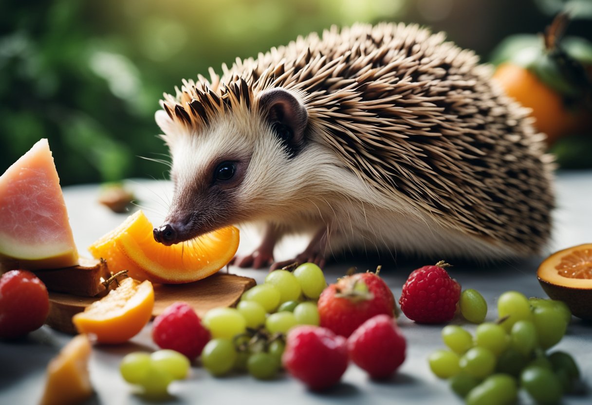 A hedgehog is eating a small piece of ham, surrounded by various fruits and insects
