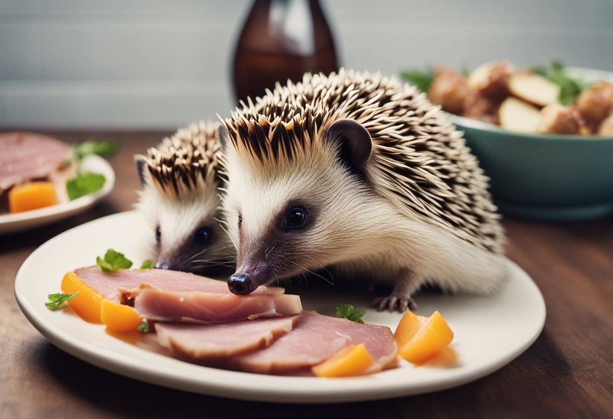 Hedgehogs sniff at a plate of ham, curious but cautious